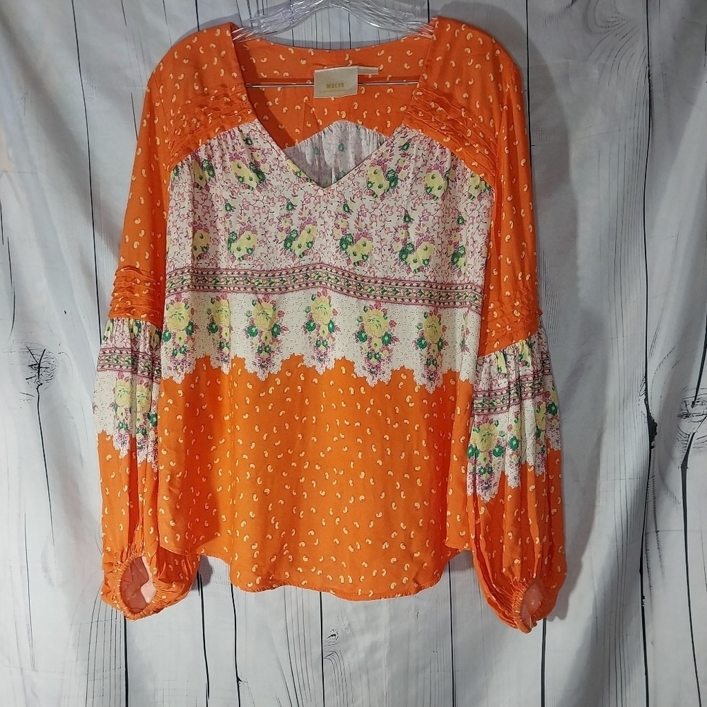 Anthropologie Maeve Ceresco Orange Peasant V-Neck Floral Boho Hippie Top